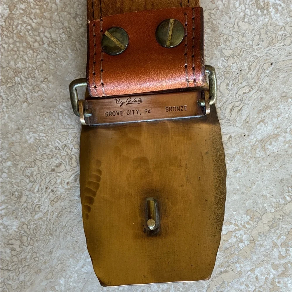 NATALE brass Eagle buckle on Leather Belt, XL VTG Exquisite artisan piece Unisex